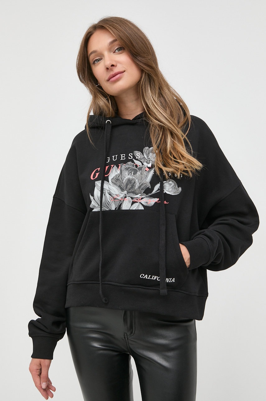 

Памучен суичър Guess в черно с апликация, Черен