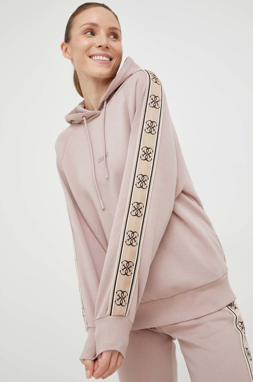 

Суичър Guess в розово с качулка с апликация, Розов