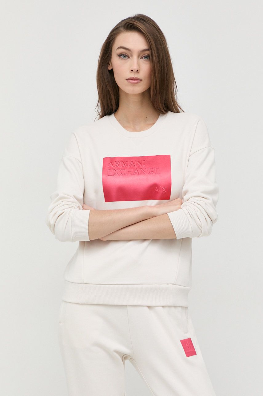 Armani Exchange bluza femei, culoarea bej, cu imprimeu Pret Mic answear.ro imagine noua gjx.ro