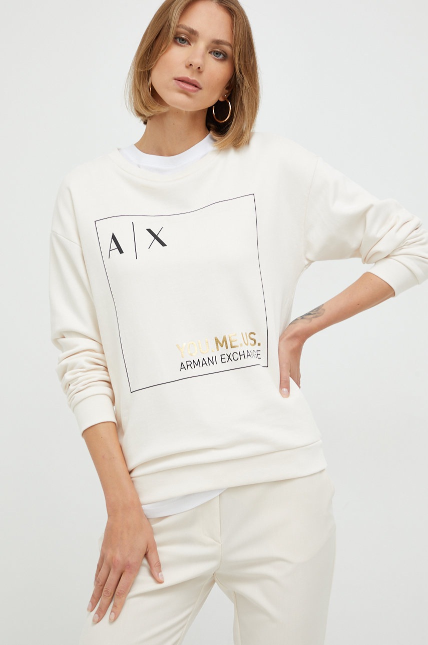 

Памучен суичър Armani Exchange в бежово с принт, Бежов