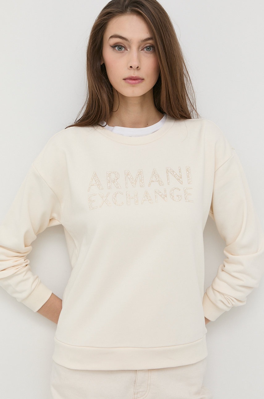 Armani exchange hanorac de bumbac femei, culoarea bej, cu imprimeu