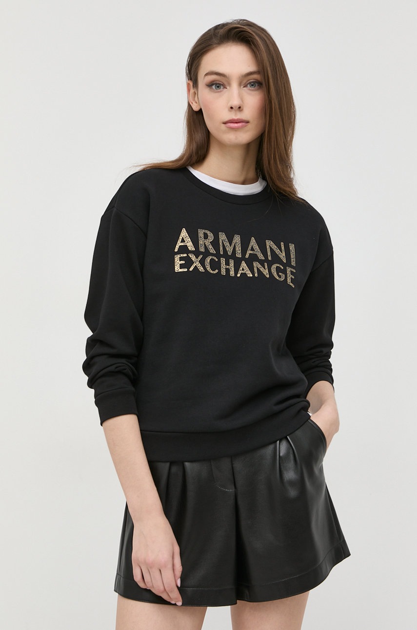 

Памучен суичър Armani Exchange в черно с принт, Черен