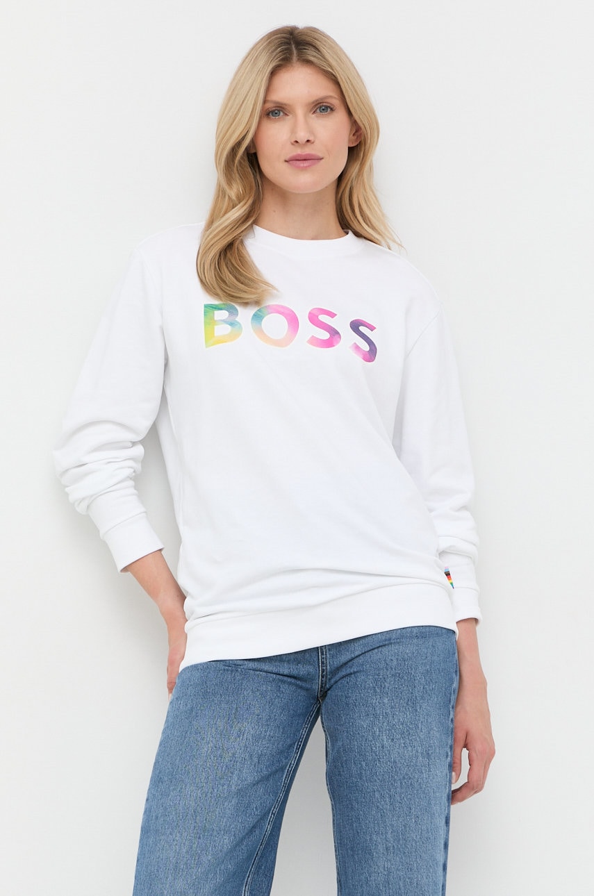 Boss Hanorac De Bumbac Femei, Culoarea Alb, Cu Imprimeu