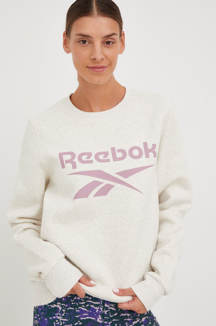 Reebok bluză trening reebok identity femei, culoarea bej, cu imprimeu
