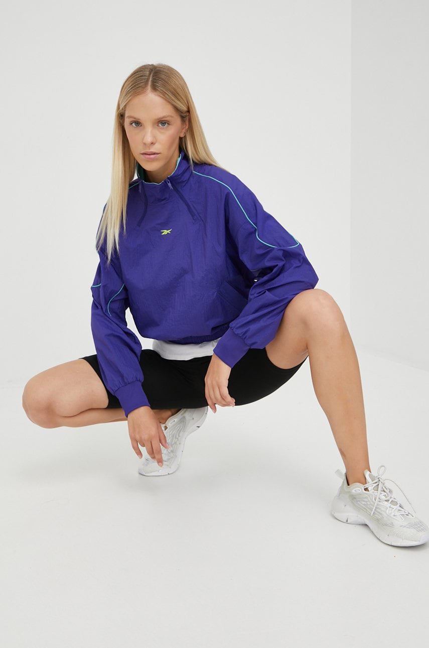 Reebok hanorac les mills femei, culoarea violet, cu imprimeu
