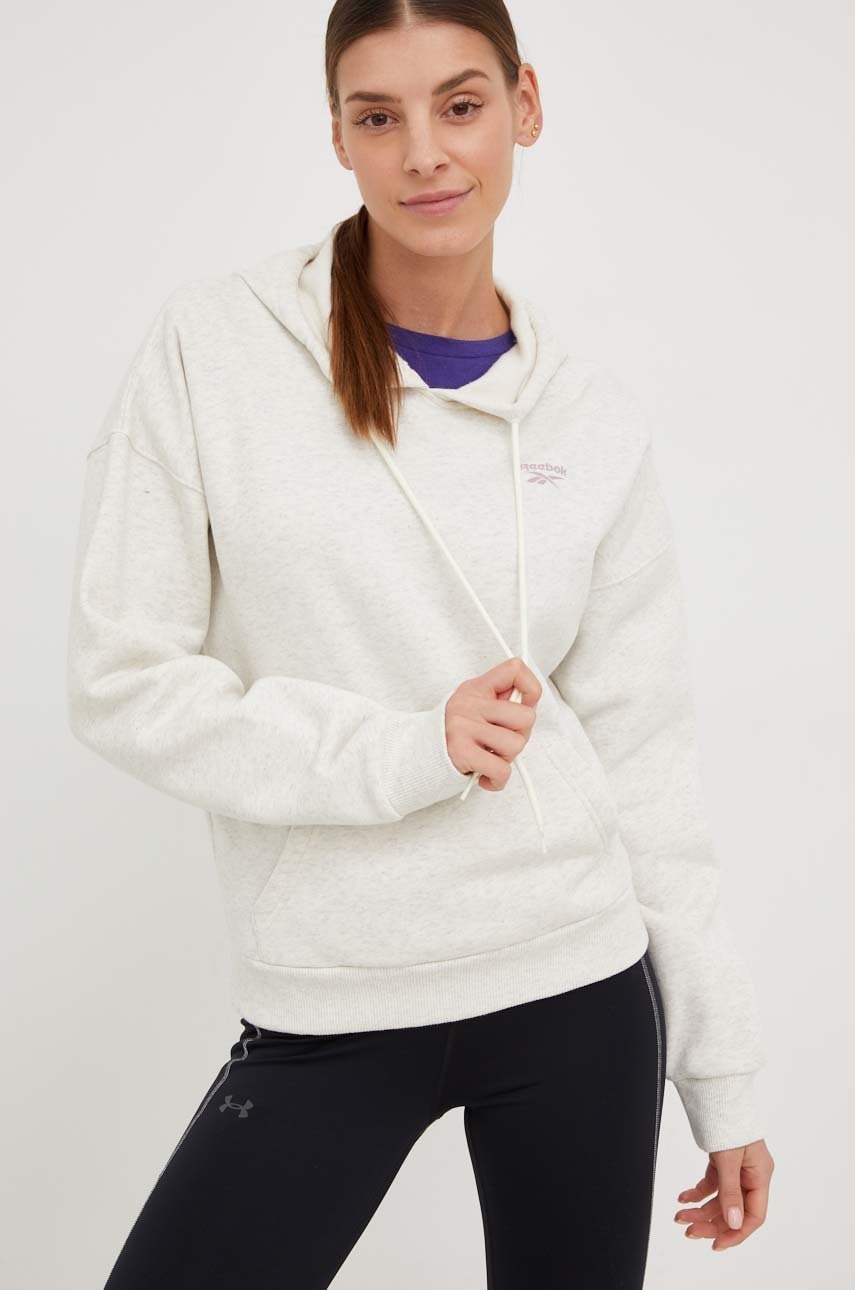Reebok bluză trening reebok identity femei, culoarea bej, cu glugă, melanj
