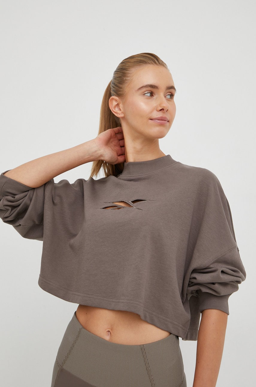 Reebok bluză trening studio vector femei, culoarea maro, neted