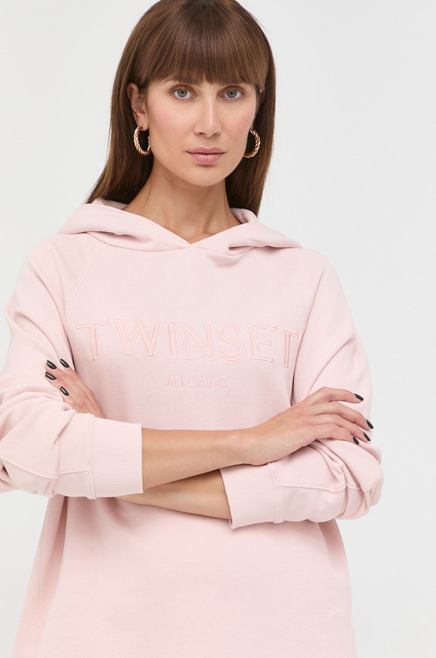 

Памучен суичър Twinset в розово с качулка с апликация, Розов