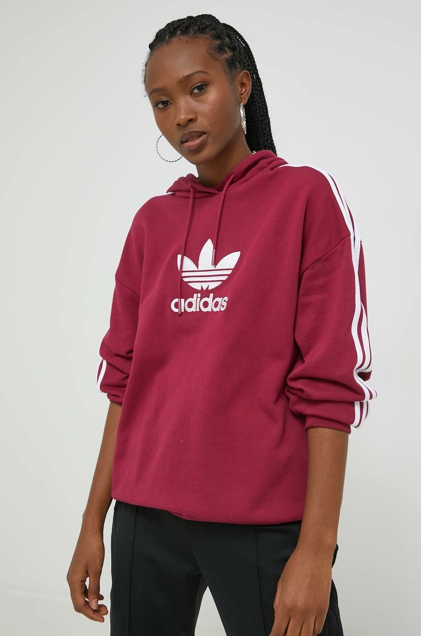 Adidas originals hanorac de bumbac femei, culoarea bordo, cu glugă, cu imprimeu