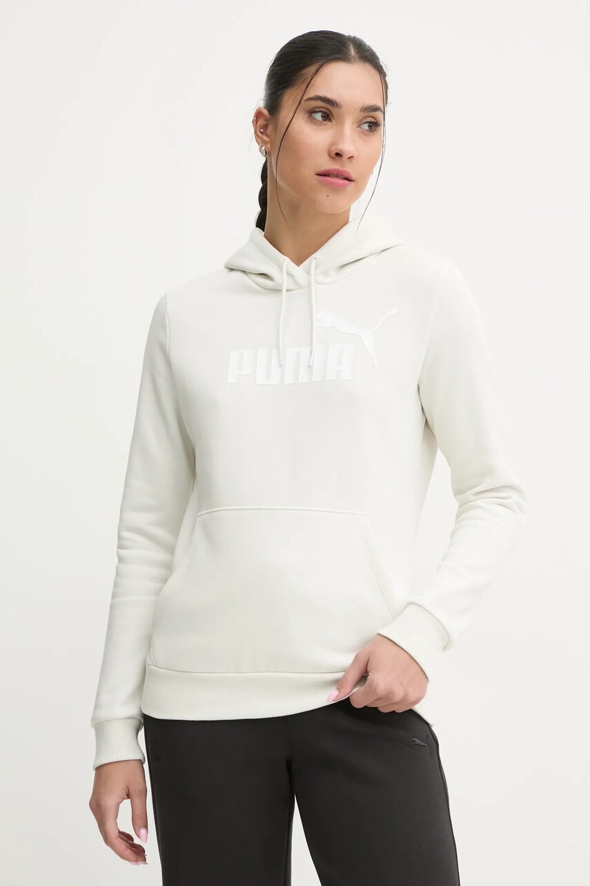 Puma bluza femei, culoarea bej, cu glugă, cu imprimeu