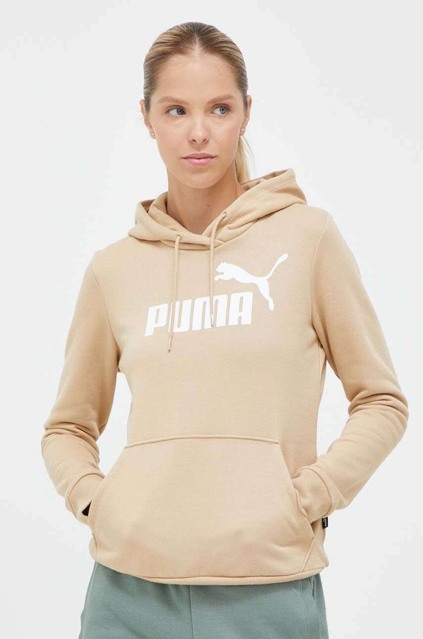 Mikina Puma dámská, béžová barva, s kapucí, s potiskem - béžová - Hlavní materiál: 66 % Bavlna