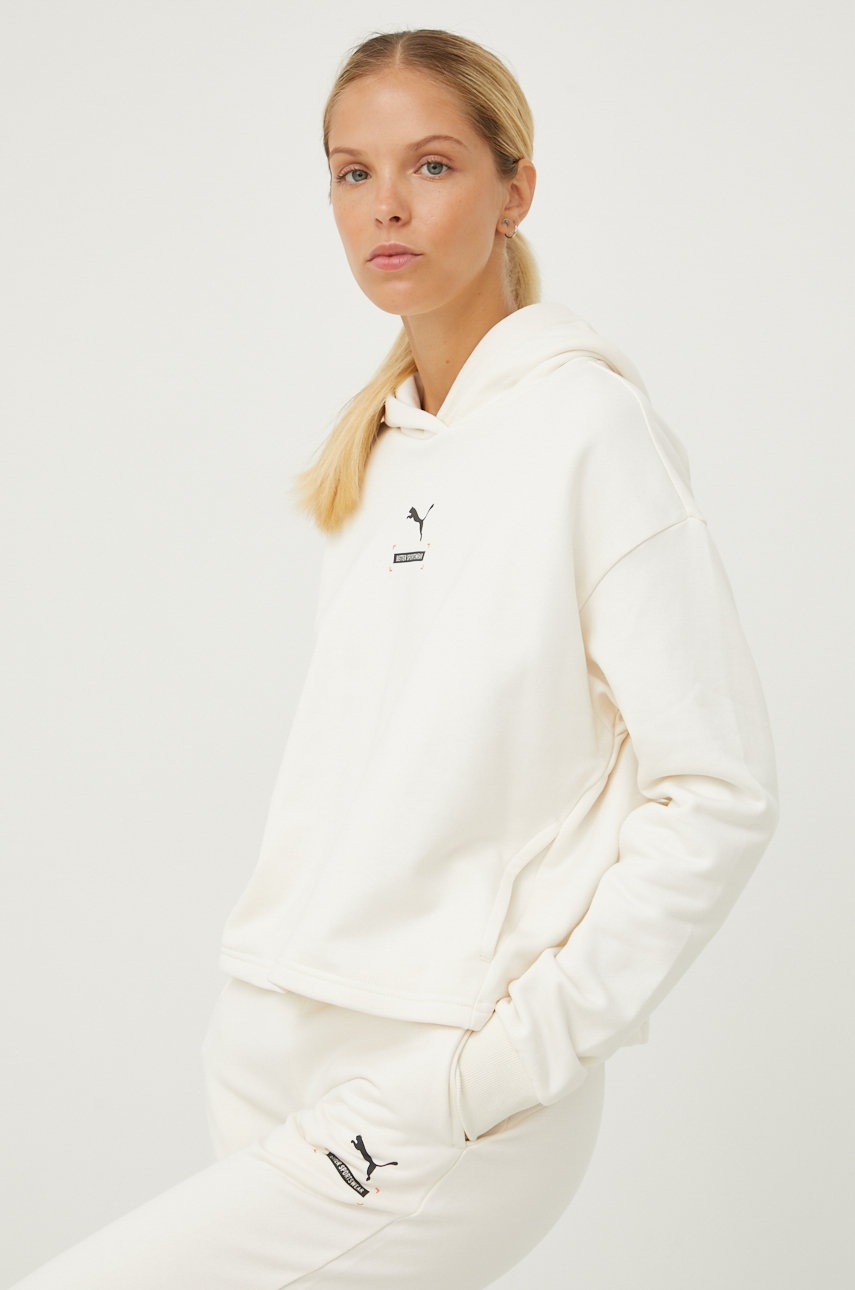 

Памучен суичър Puma в бежово с принт, Бежов