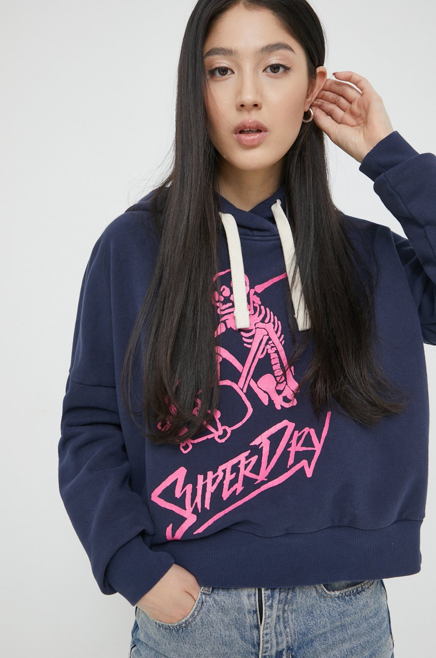 Superdry bluza bawełniana damska kolor granatowy z kapturem z nadrukiem