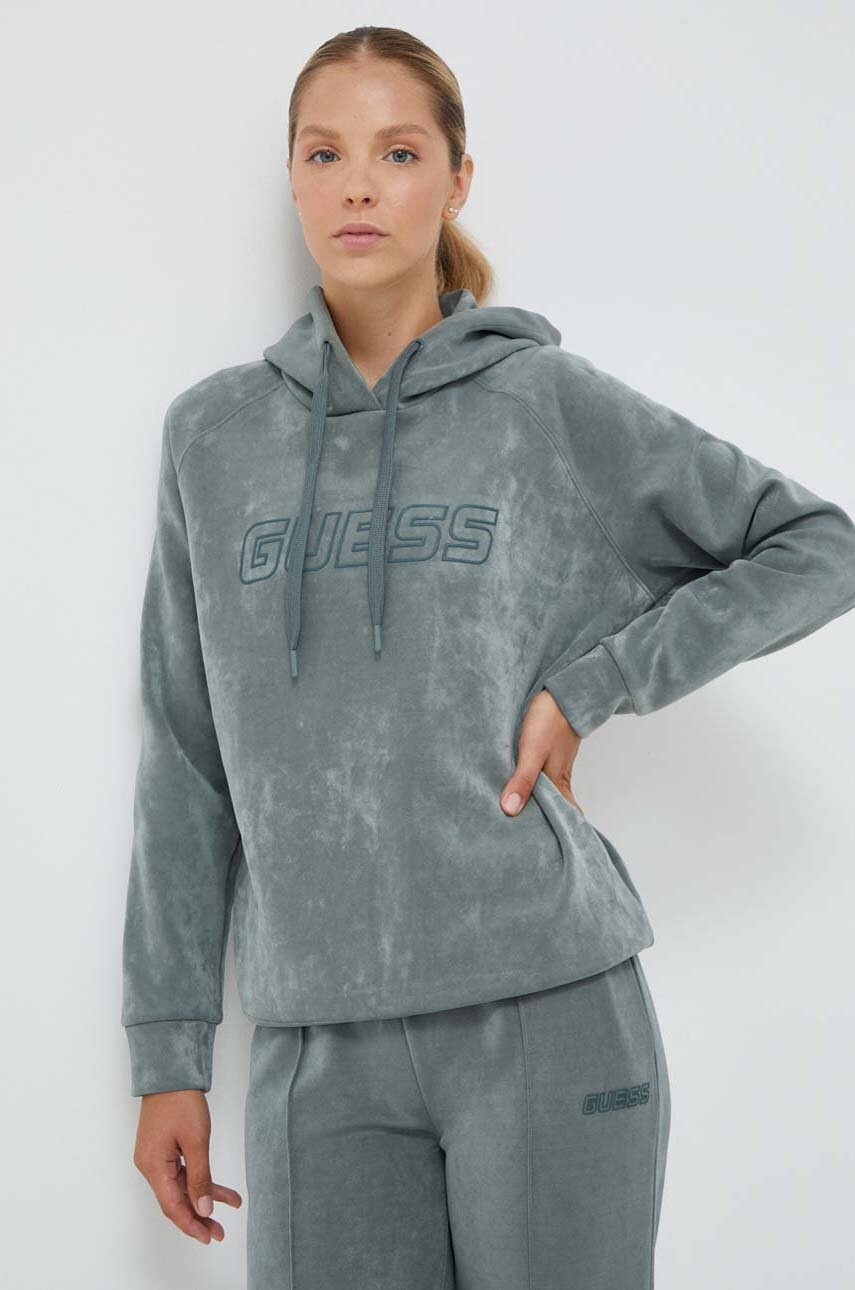

Кофта Guess жіноча колір зелений з капюшоном з аплікацією