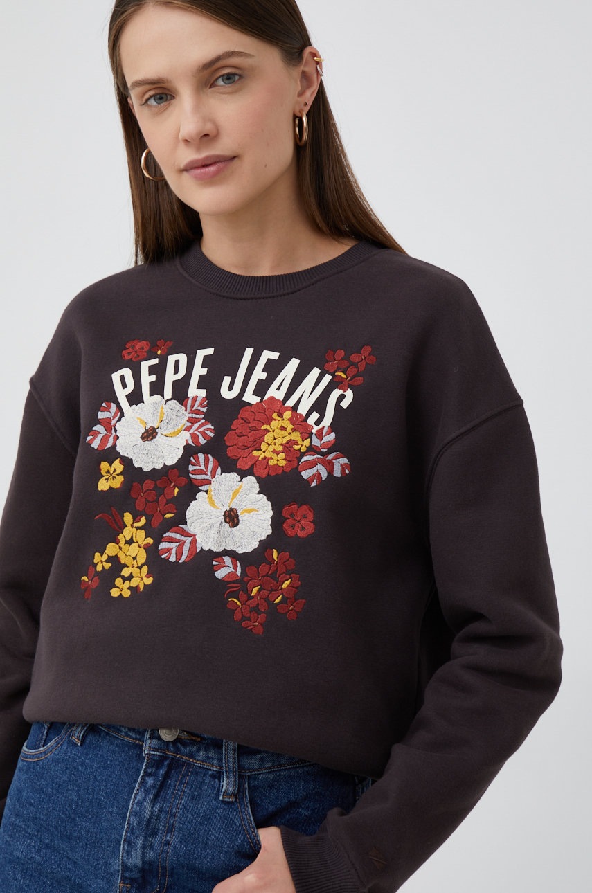 Pepe jeans bluza femei, culoarea maro, cu imprimeu