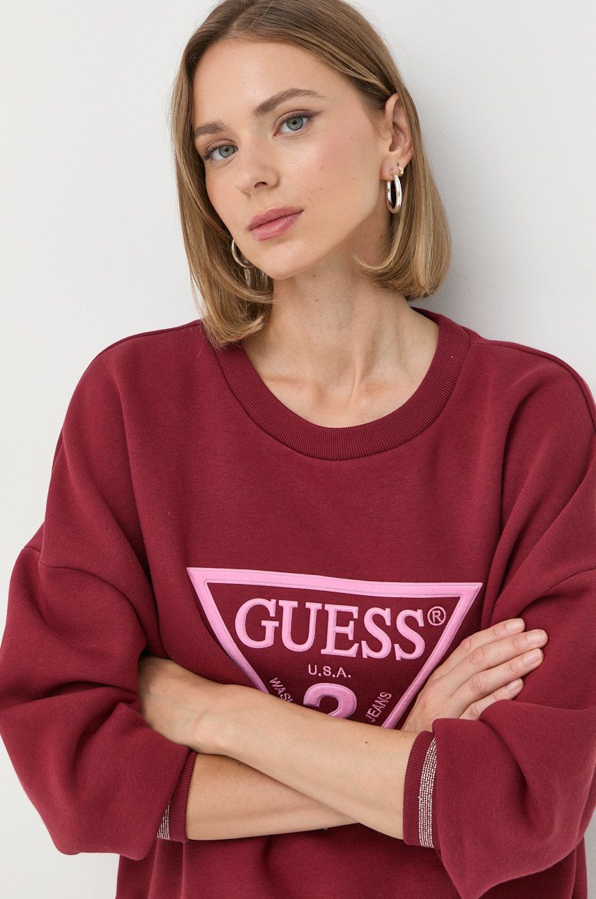 Guess bluza damska kolor bordowy z aplikacją