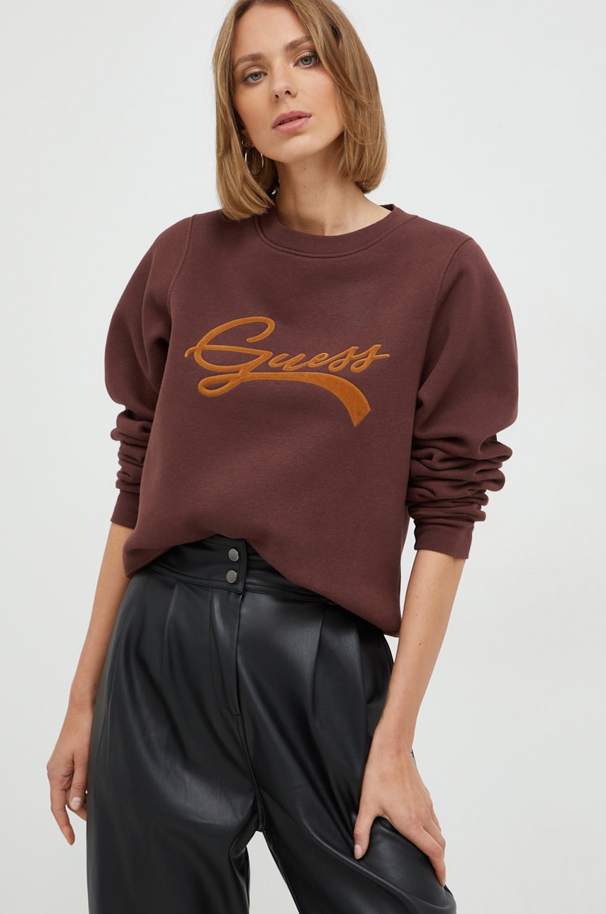 

Суичър Guess в кафяво с апликация, Кафяв