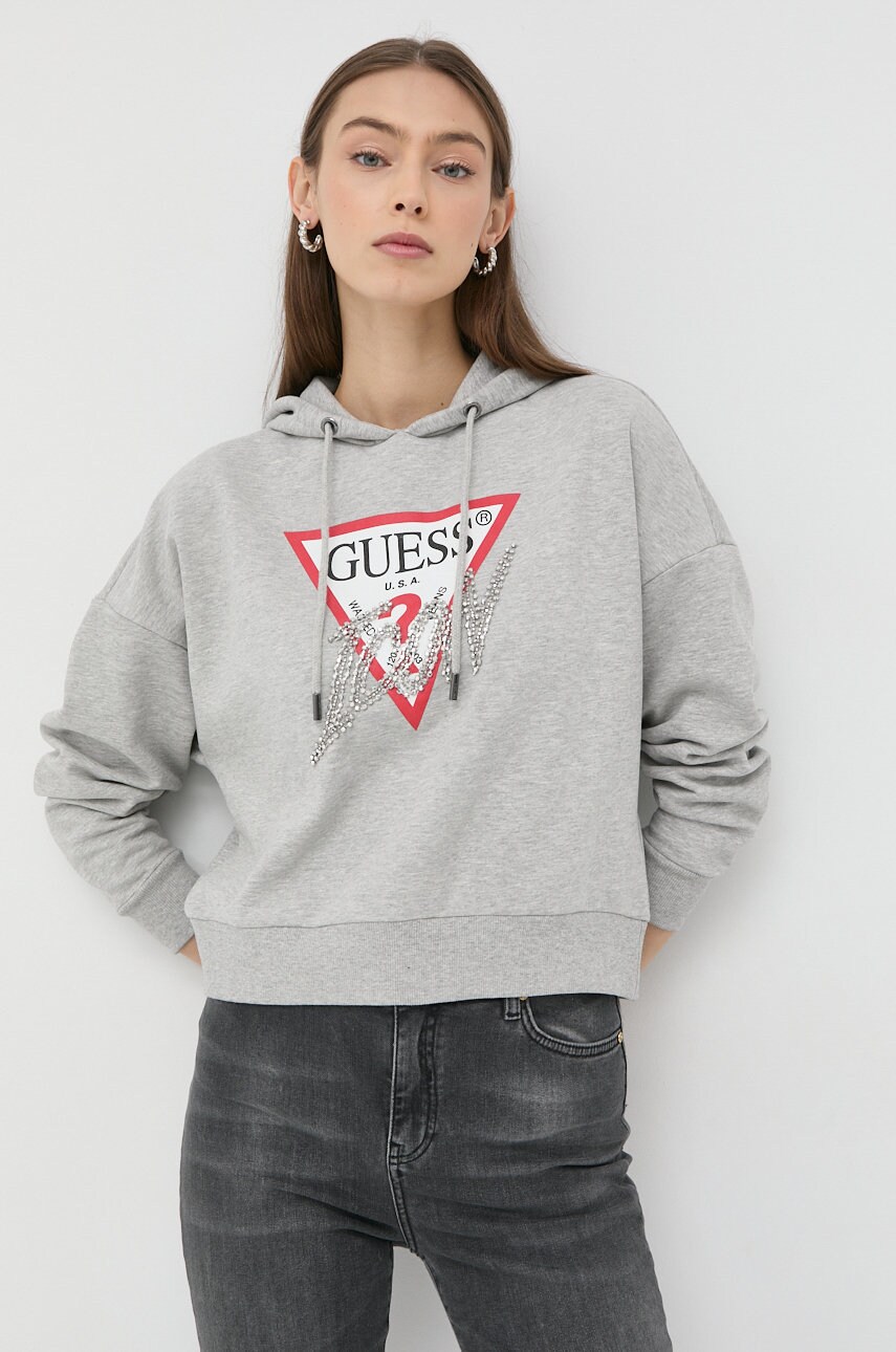 

Суичър Guess в сиво с качулка с апликация, Сив