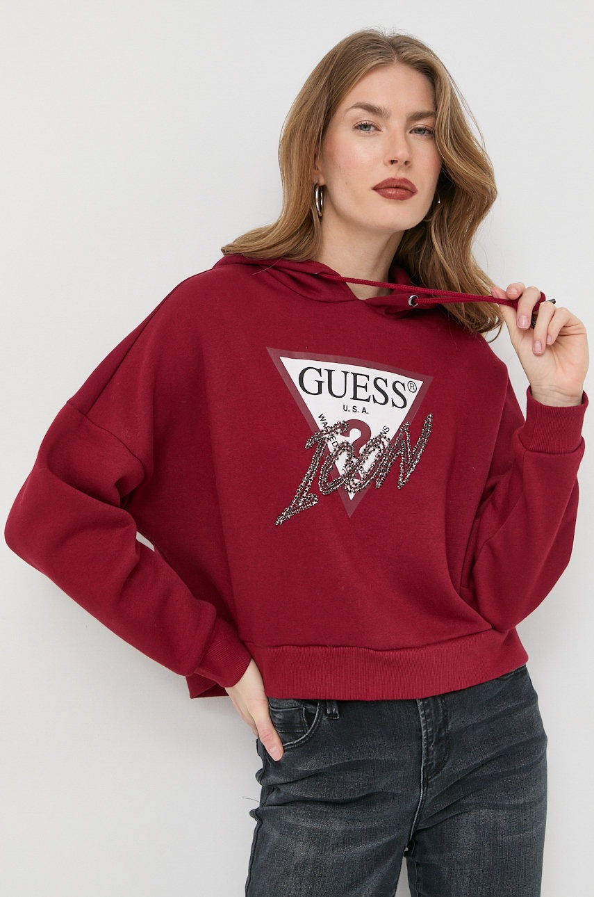 

Суичър Guess в бордо с качулка с апликация