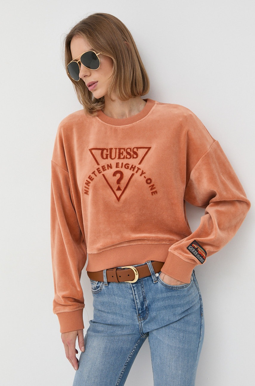 

Суичър Guess в оранжево с апликация, Оранжев
