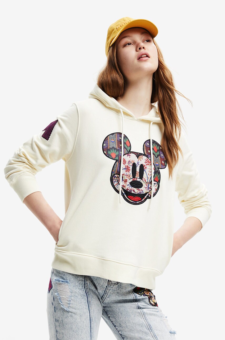 Desigual hanorac de bumbac femei, culoarea alb, cu imprimeu