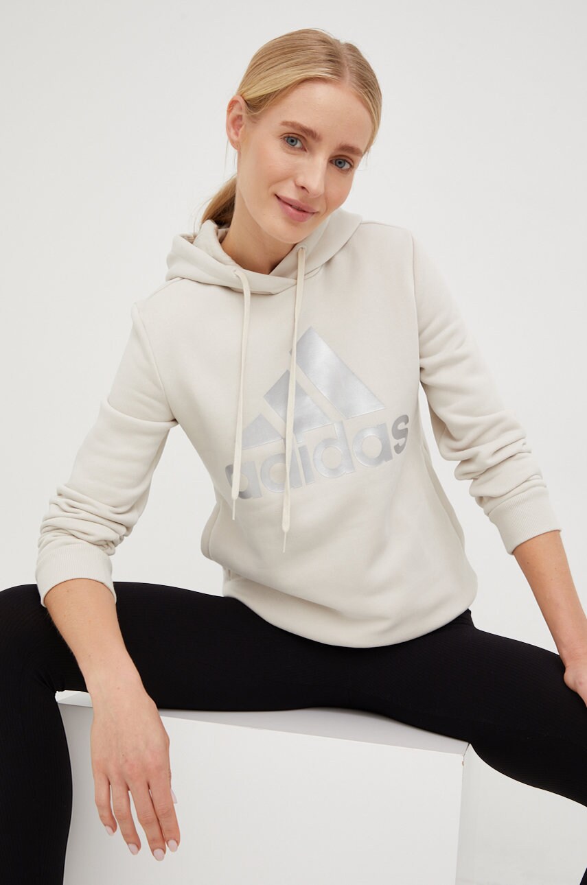 Adidas bluza femei, culoarea bej, cu glugă, cu imprimeu