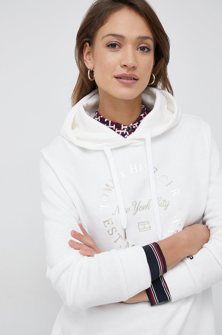 

Памучен суичър Tommy Hilfiger в бяло с качулка с принт, Бял
