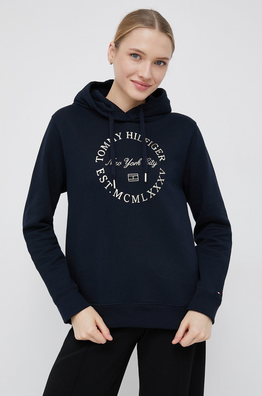 

Хлопковая кофта Tommy Hilfiger женская цвет синий с капюшоном с принтом