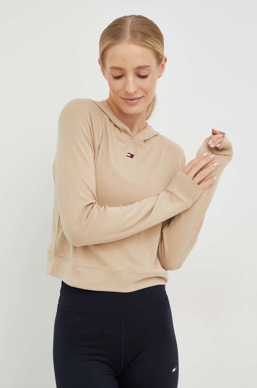Mikina Tommy Hilfiger dámská, béžová barva, s kapucí, hladká - béžová -  64% Polyester
