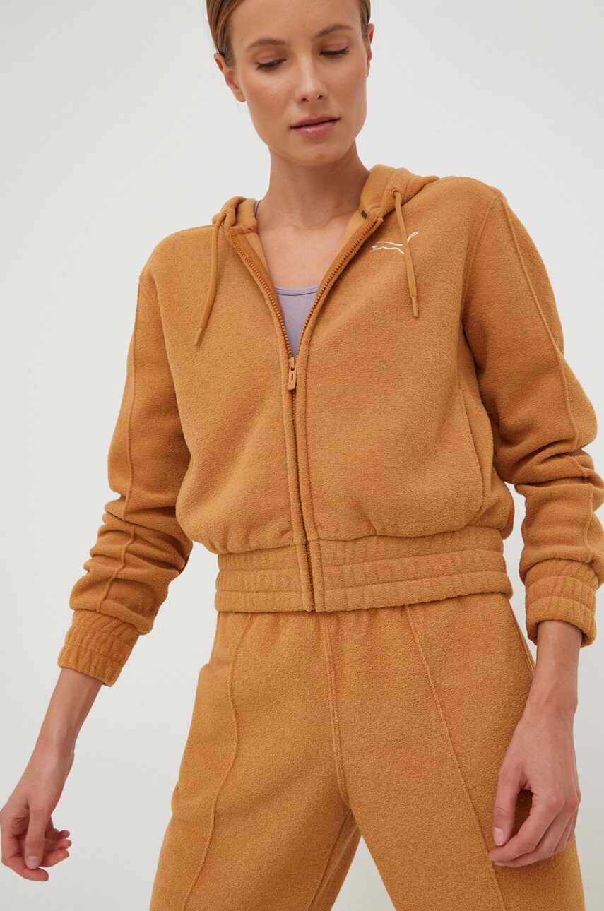 Puma bluza femei, culoarea maro, cu glugă, neted