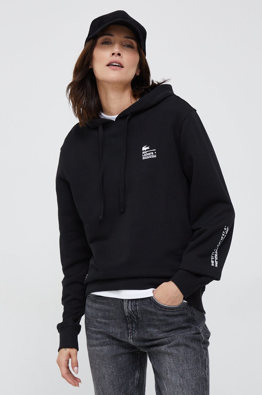 Lacoste bluza femei, culoarea negru, cu glugă, neted