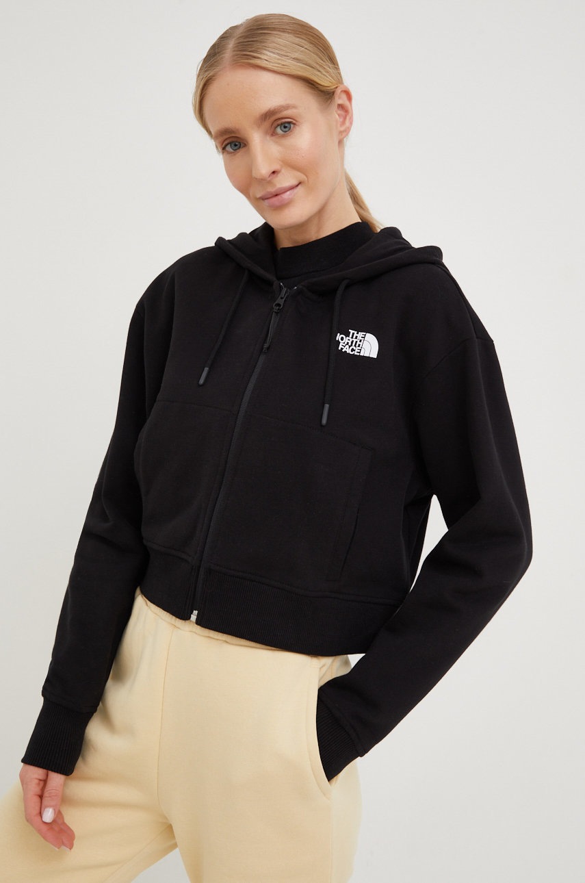 

Хлопковая кофта The North Face женская цвет чёрный с капюшоном с принтом