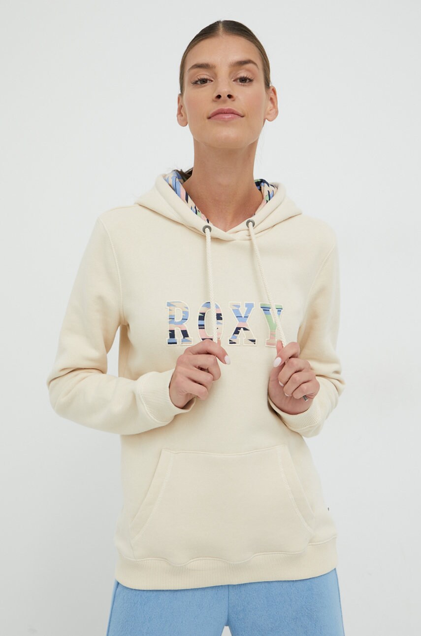 Roxy bluza femei, culoarea bej, cu glugă, cu imprimeu