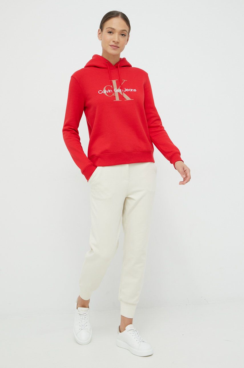 Calvin Klein Jeans bluza damska kolor czerwony z kapturem gładka