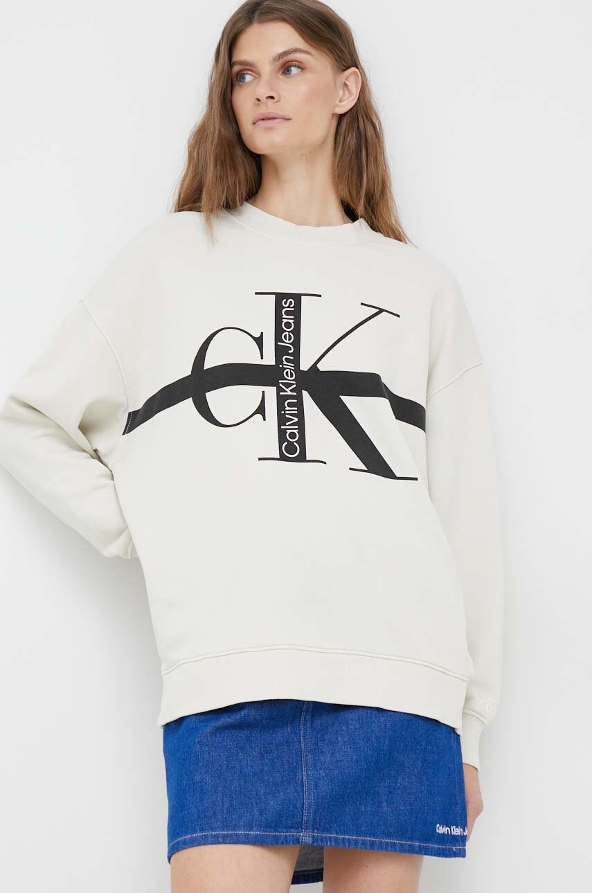 

Памучен суичър Calvin Klein Jeans в бежово с принт, Бежов