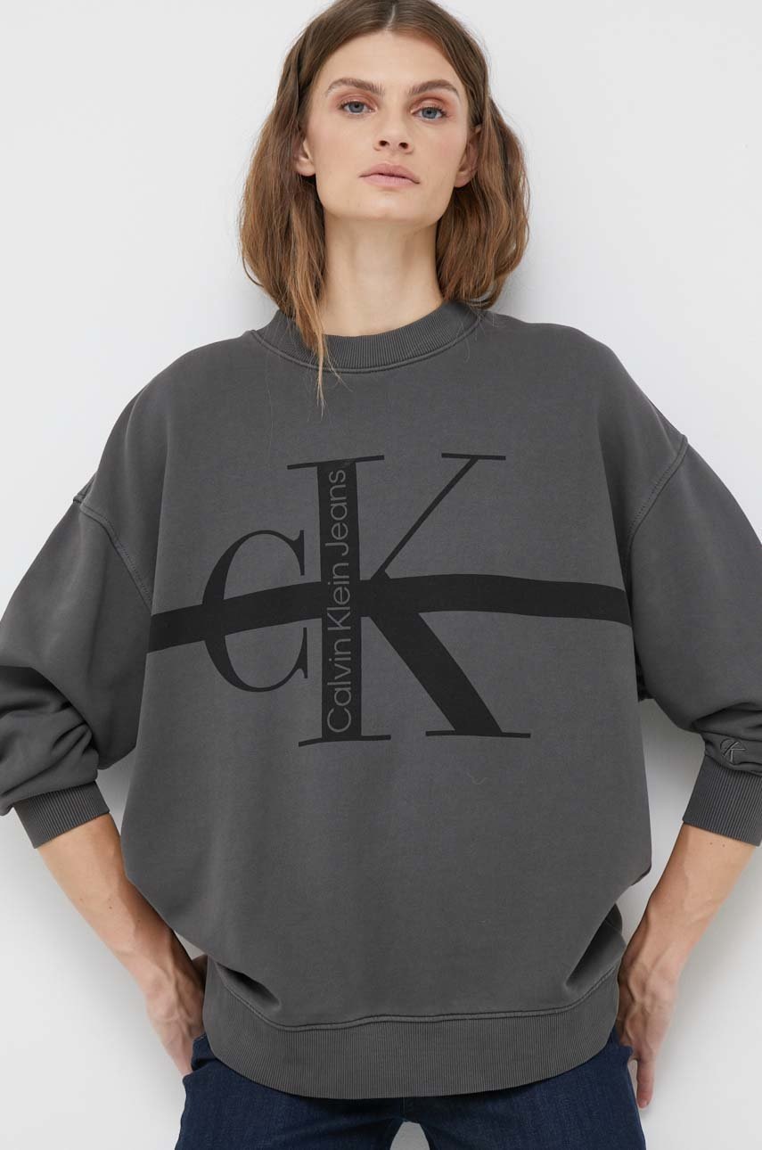 

Памучен суичър Calvin Klein Jeans в сиво с принт, Сив