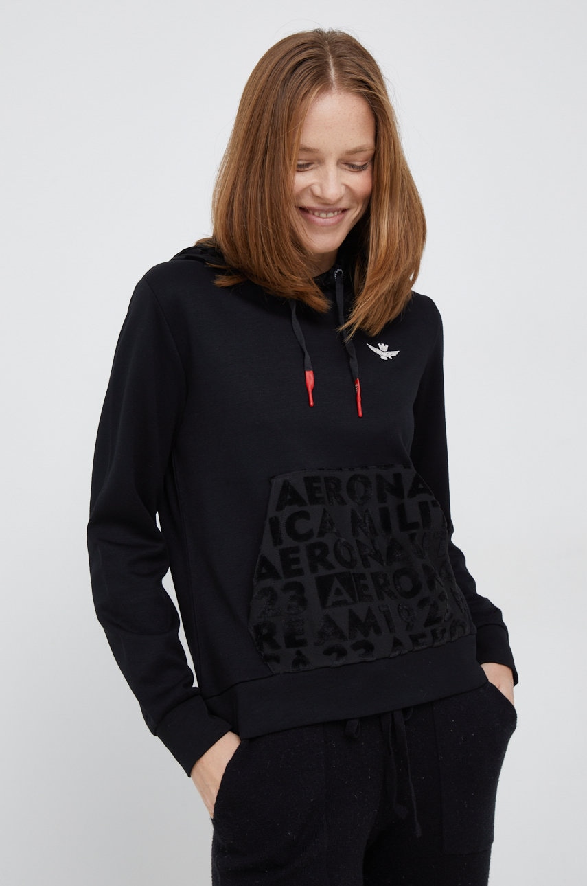 Aeronautica militare bluza femei, culoarea negru, cu glugă, cu imprimeu