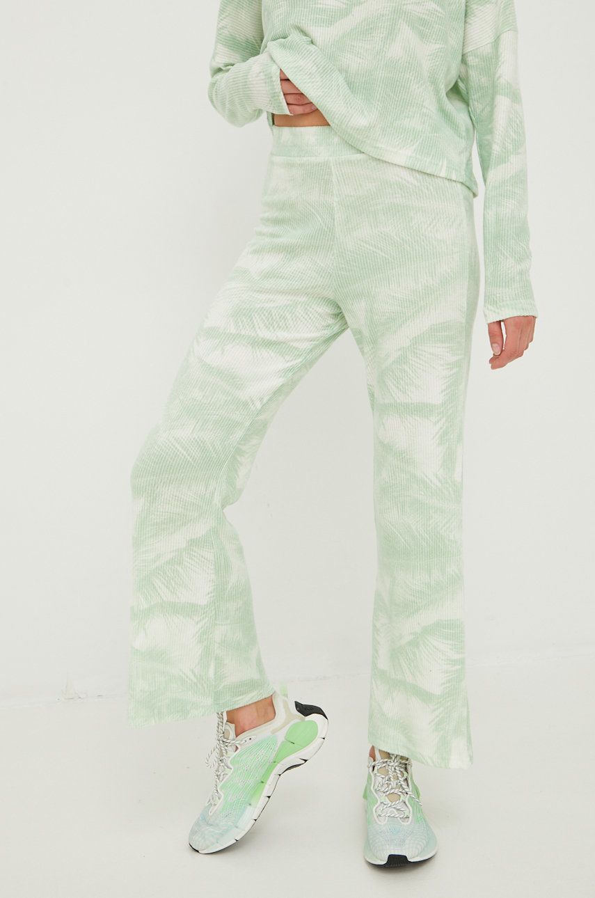 Kalhoty Roxy dámské, zelená barva, zvony, high waist - zelená -  75% Viskóza