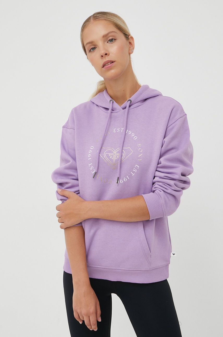 Roxy bluza 6110209900 damska kolor fioletowy z kapturem z nadrukiem