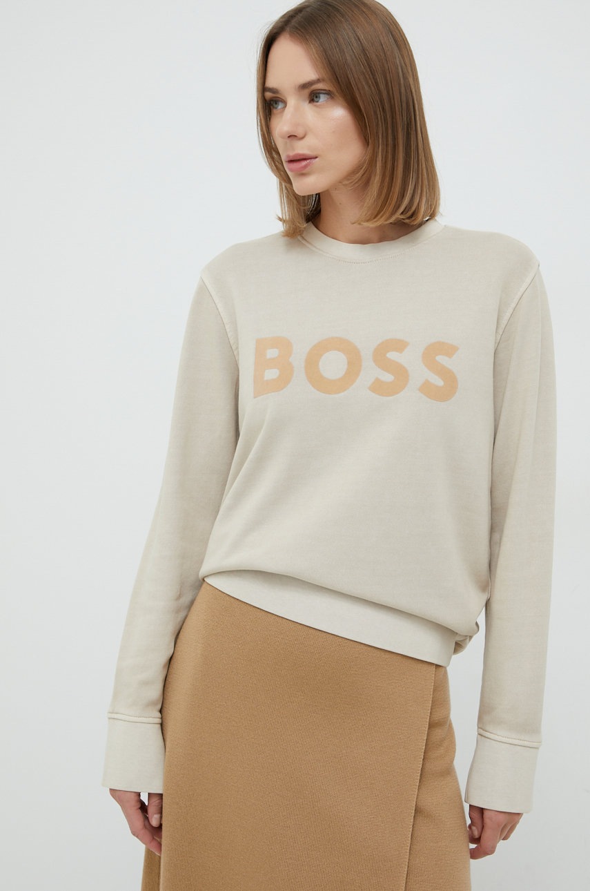 

Памучен суичър BOSS в бежово с принт, Бежов