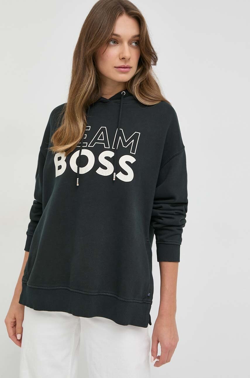 

Хлопковая кофта BOSS женская цвет серый с капюшоном с принтом