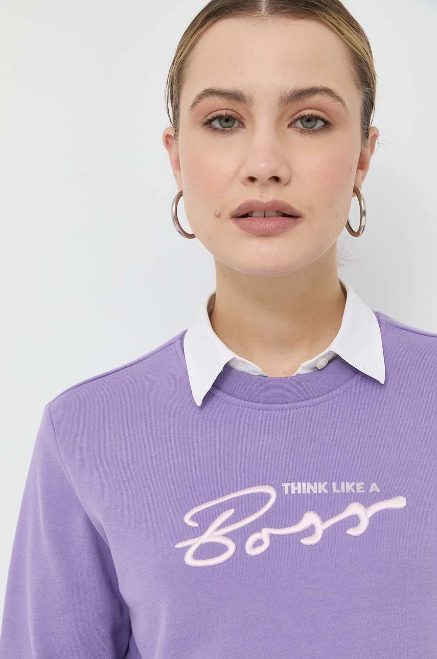 BOSS bluza bawełniana damska kolor fioletowy z aplikacją