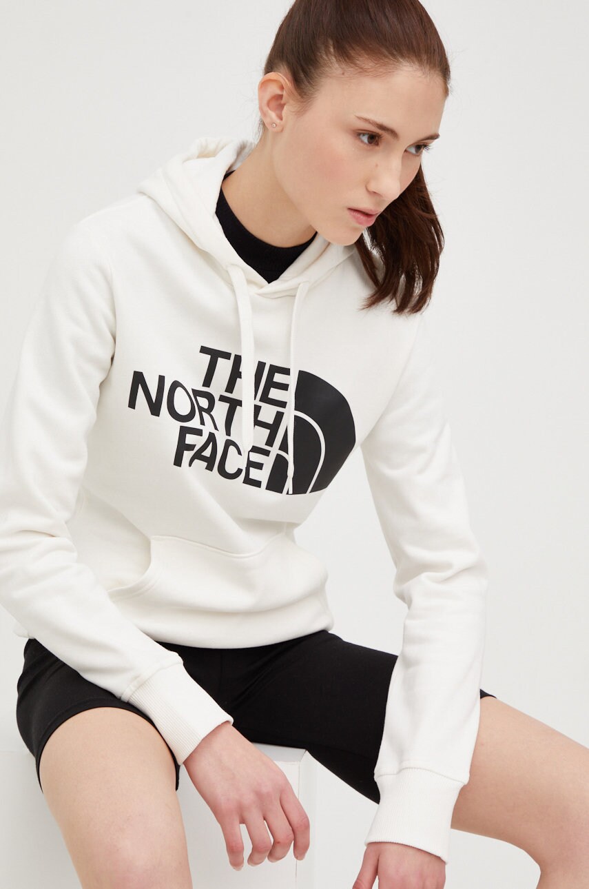 The north face hanorac de bumbac femei, culoarea bej, cu glugă, cu imprimeu