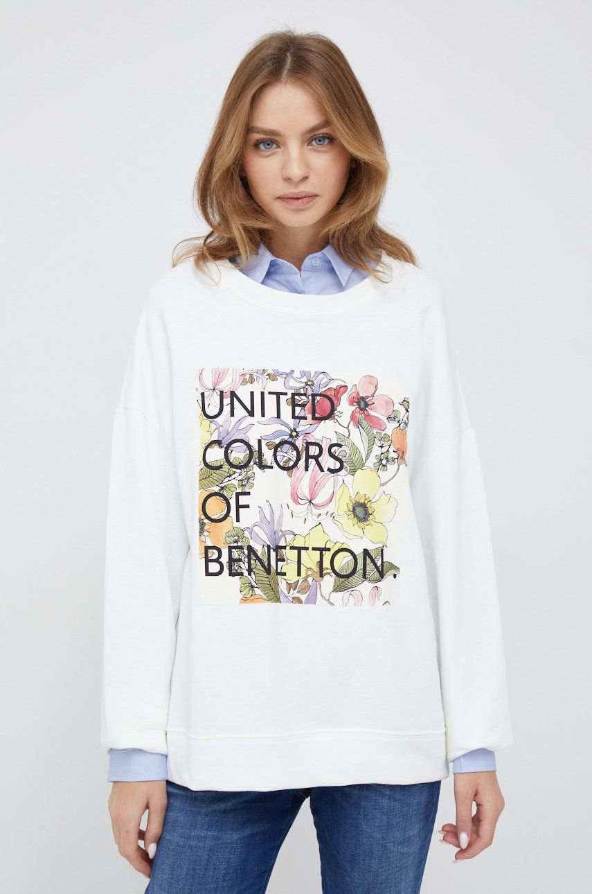 

Памучен суичър United Colors of Benetton в бяло с принт, Бял