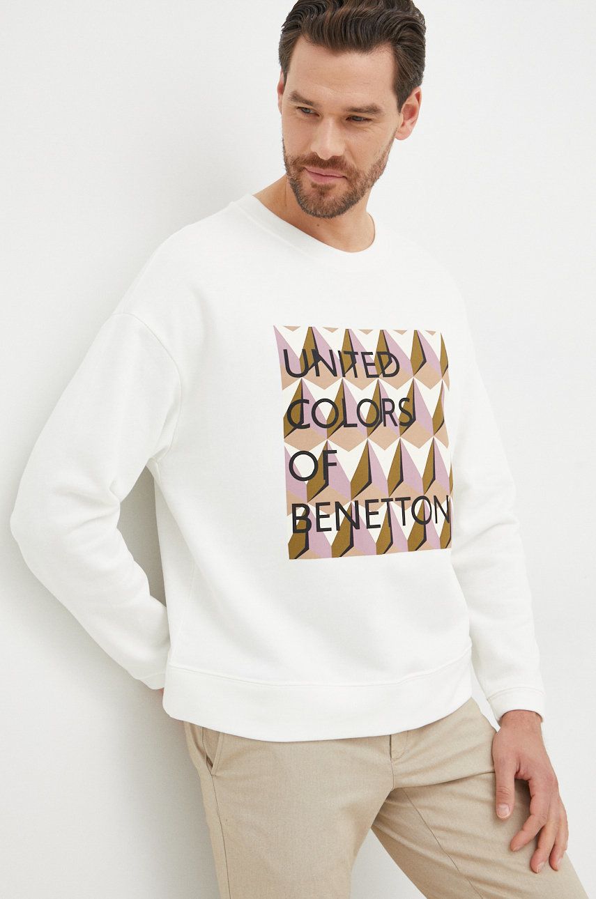 Bavlněná mikina United Colors of Benetton dámská, bílá barva, s potiskem - bílá -  100% Bavlna