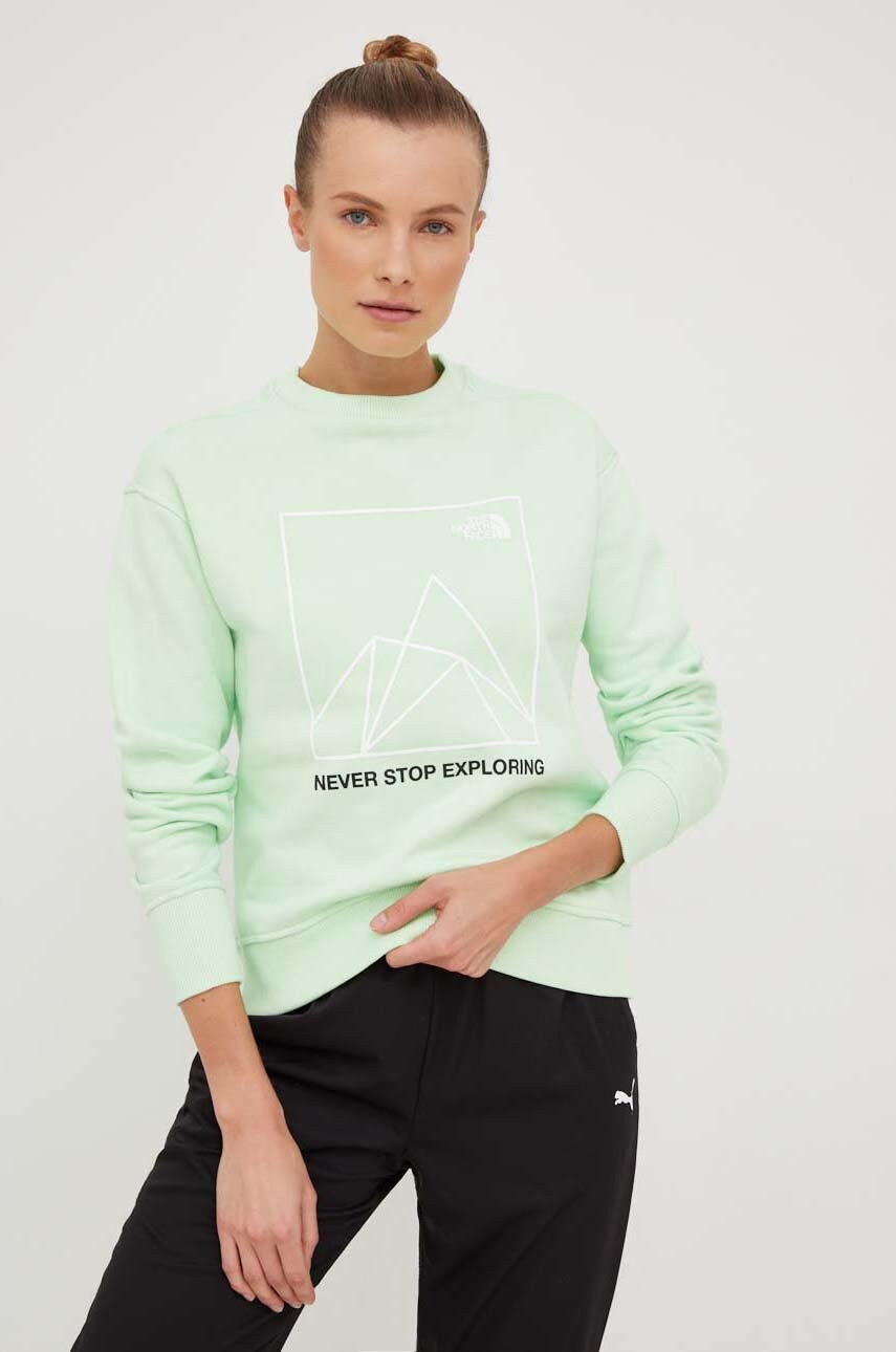 

Памучен суичър The North Face в зелено с принт, Зелен