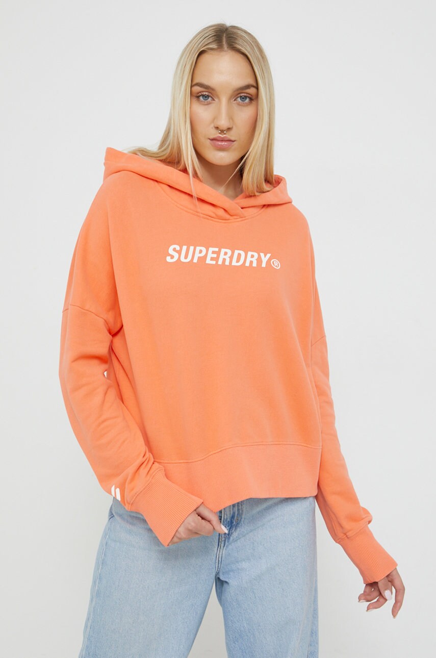 Superdry hanorac de bumbac femei, culoarea portocaliu, neted