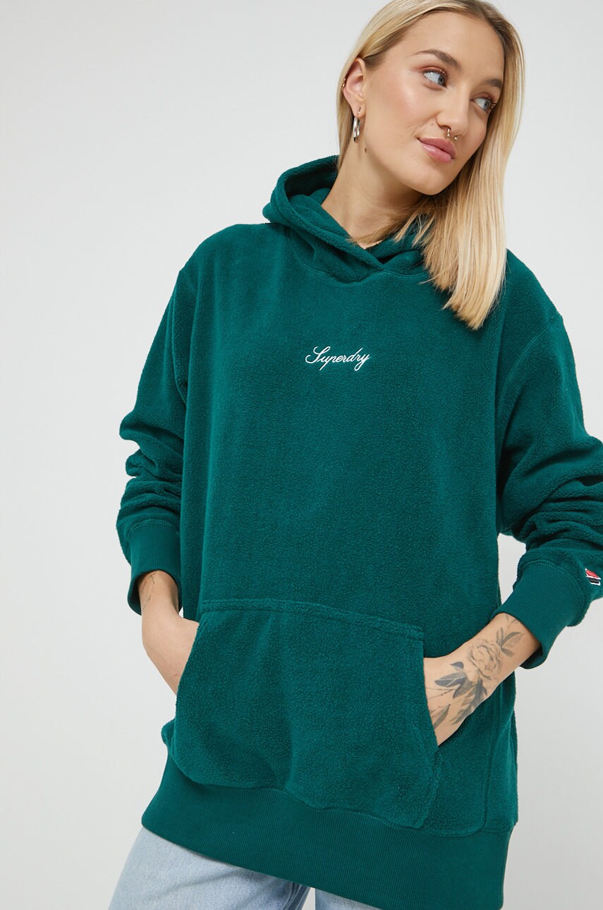 Superdry bluza femei, culoarea verde, cu glugă, cu imprimeu