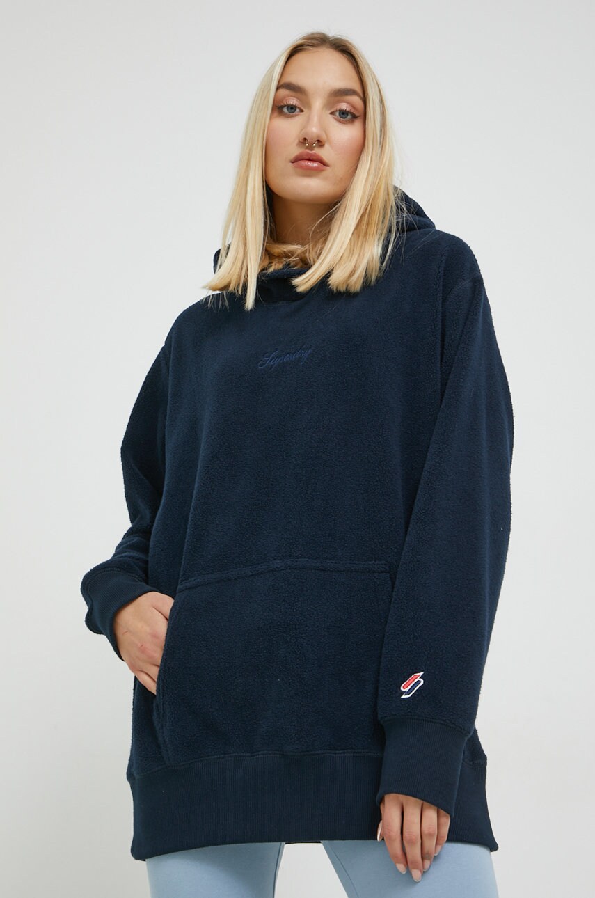 Superdry bluza femei, culoarea albastru marin, cu glugă, neted