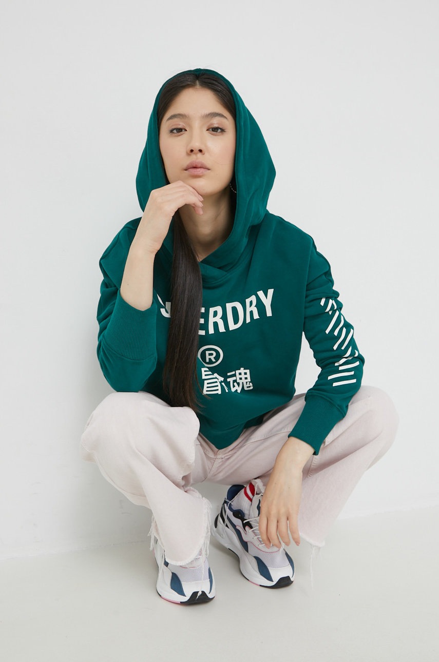 

Бавовняна кофта Superdry жіноча колір зелений з принтом